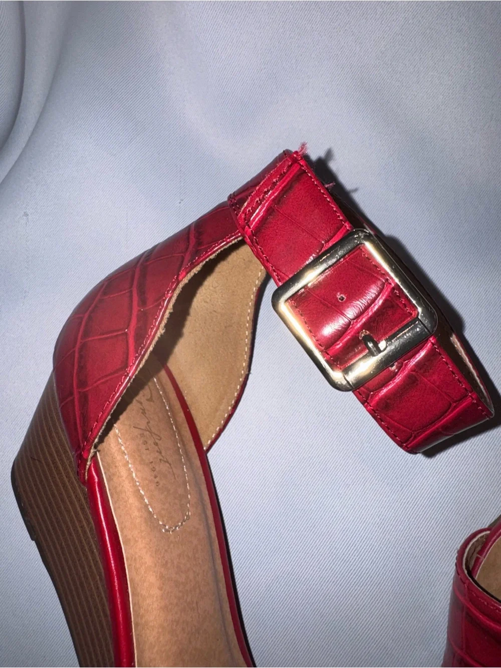 Comfort 1946 Sandals for Women Red Croc-Embossed Look Ankle Strap Wedge Sandals